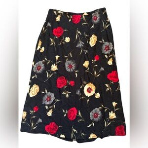 Vintage Sag Harbor Black Floral Midi Skirt A-Line Size 14